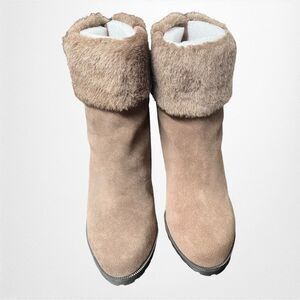 New in Box H By HALSTON Cindy Stacked Heel Suede and Fur Ankle Bootie Size8